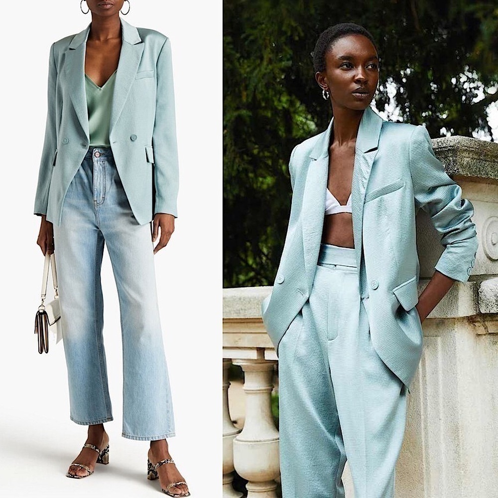 NEW BA&SH Textured Satin Weave Relaxed‎ Double-Breasted Boyfriend Blazer Mint S